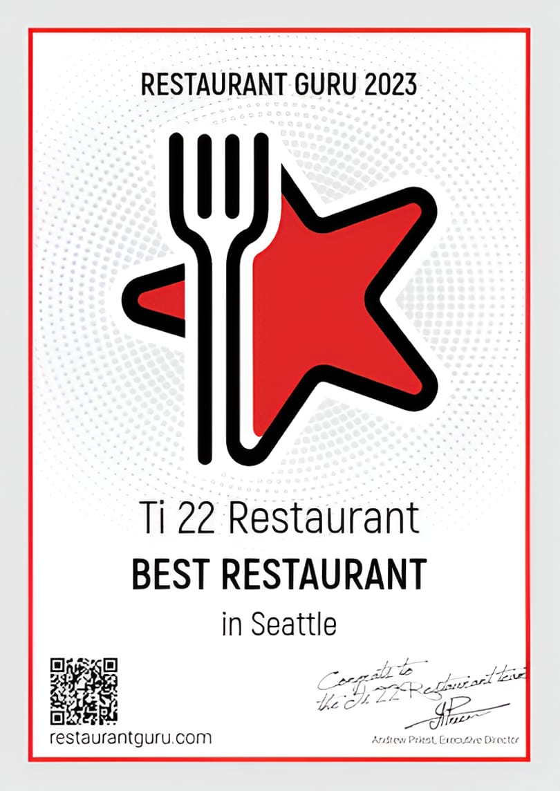 Restaurant Guru 2023 award for Ti 22 Restaurant, Best Restaurant in Seattle.