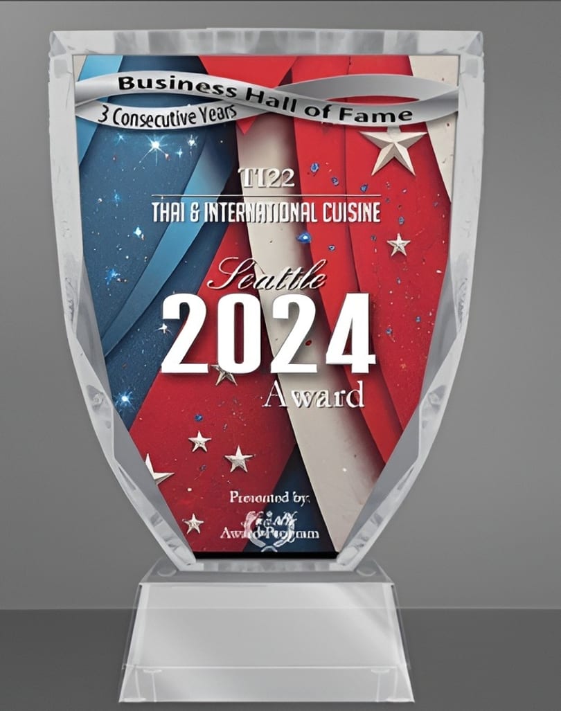 A clear acrylic award for "Business Hall of Fame, 3 Consecutive Years" for Thai & International Cuisine, Seattle 2024.